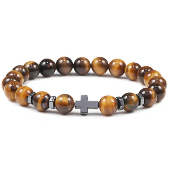Tiger Eye Bracelet,Cross Bracelet,Tiger Eye Cross Bracelet,Men,Women,8mm Beads - Picture 1 of 1